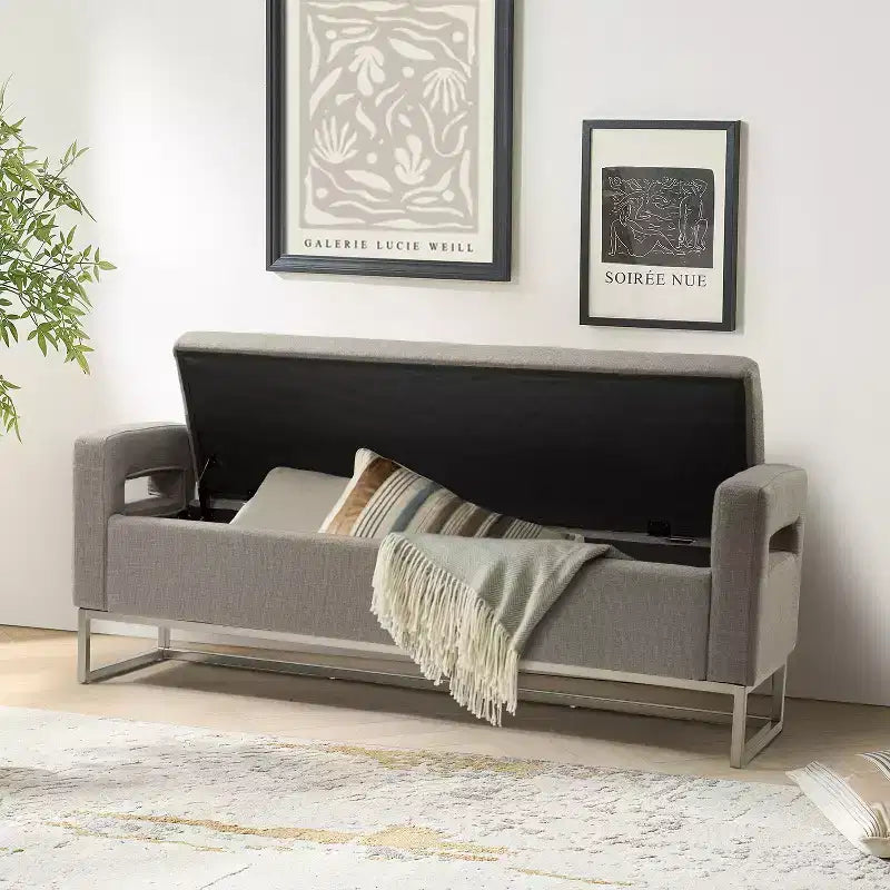 Panca Contenitore Imbottita, Beige/Blu/Grigio/Lino/Blu marino, Rettangolare