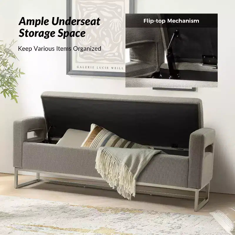 Panca Contenitore Imbottita, Beige/Blu/Grigio/Lino/Blu marino, Rettangolare