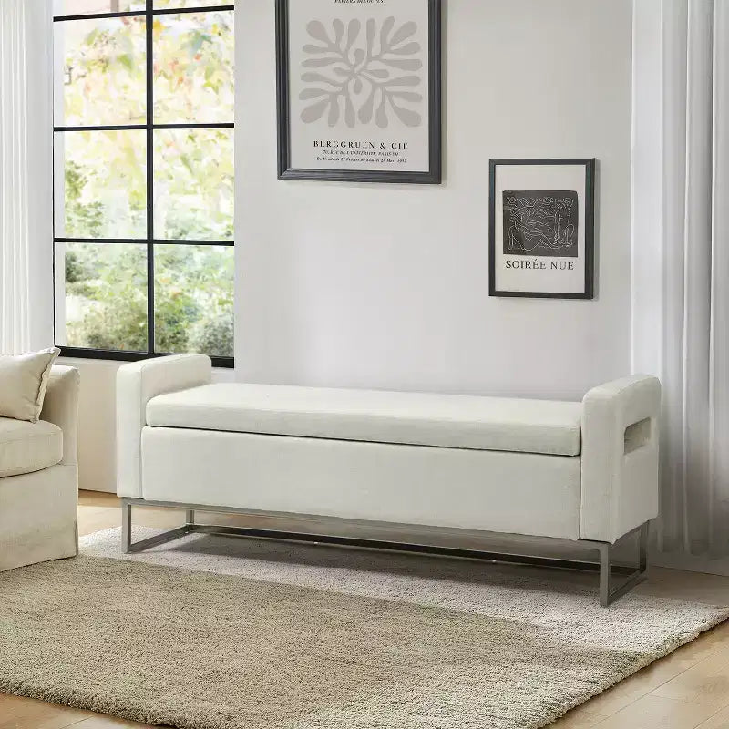 Panca Contenitore Imbottita, Beige/Blu/Grigio/Lino/Blu marino, Rettangolare