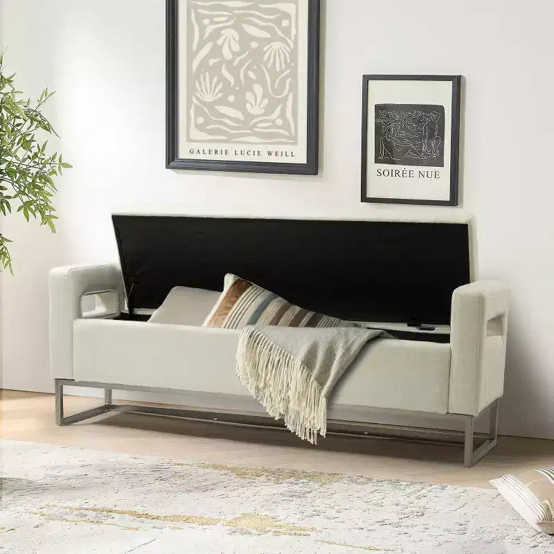 Panca Contenitore Imbottita, Beige/Blu/Grigio/Lino/Blu marino, Rettangolare