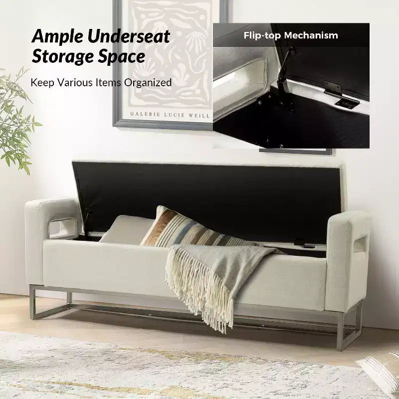 Panca Contenitore Imbottita, Beige/Blu/Grigio/Lino/Blu marino, Rettangolare