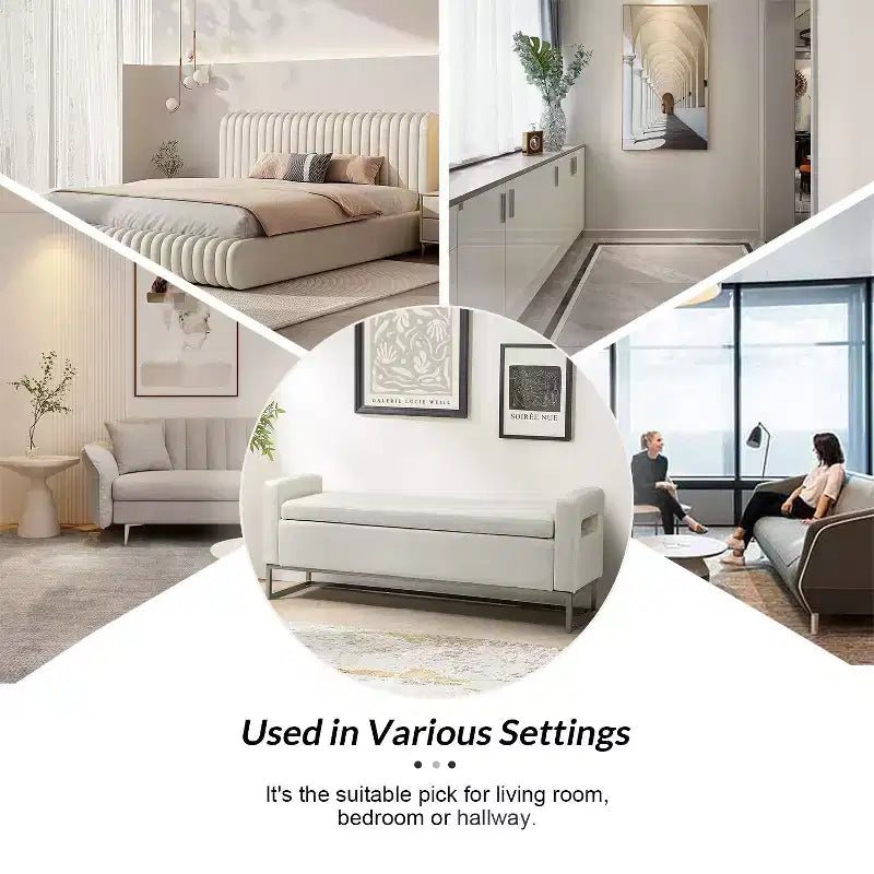 Panca Contenitore Imbottita, Beige/Blu/Grigio/Lino/Blu marino, Rettangolare