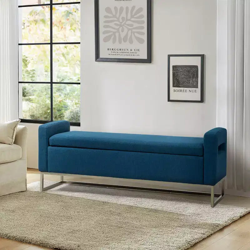 Panca Contenitore Imbottita, Beige/Blu/Grigio/Lino/Blu marino, Rettangolare