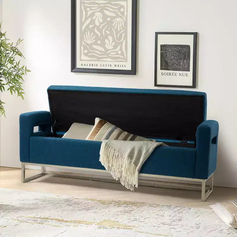 Panca Contenitore Imbottita, Beige/Blu/Grigio/Lino/Blu marino, Rettangolare