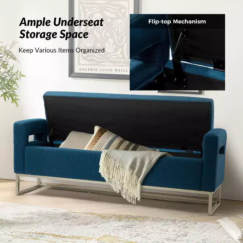 Panca Contenitore Imbottita, Beige/Blu/Grigio/Lino/Blu marino, Rettangolare