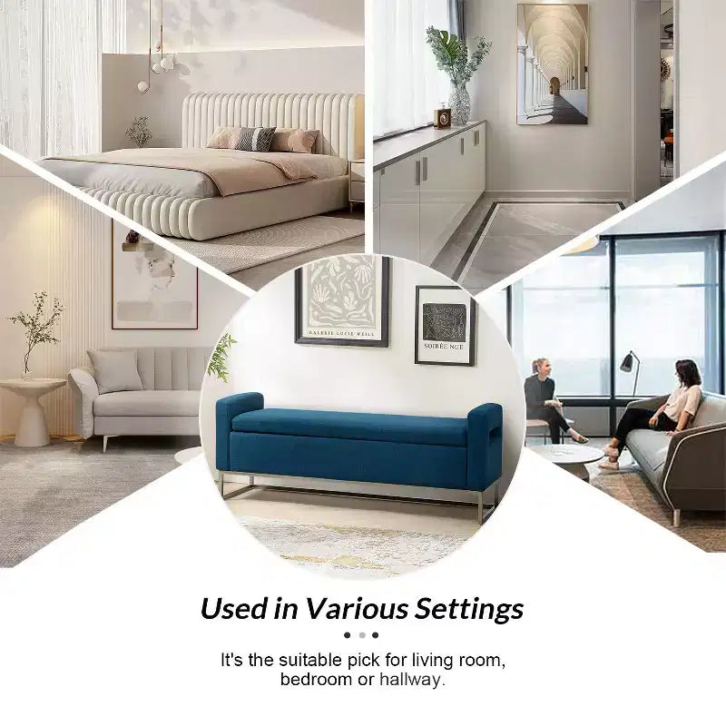 Panca Contenitore Imbottita, Beige/Blu/Grigio/Lino/Blu marino, Rettangolare
