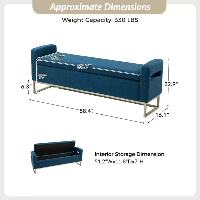 Panca Contenitore Imbottita, Beige/Blu/Grigio/Lino/Blu marino, Rettangolare